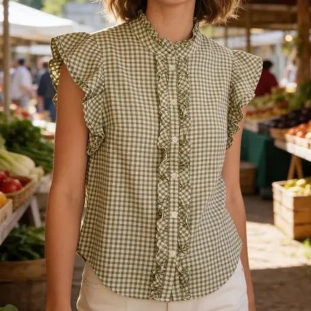 Veronica Beard Jeans Olive Gingham Ruffle Flutter Sleeve Button Top Large